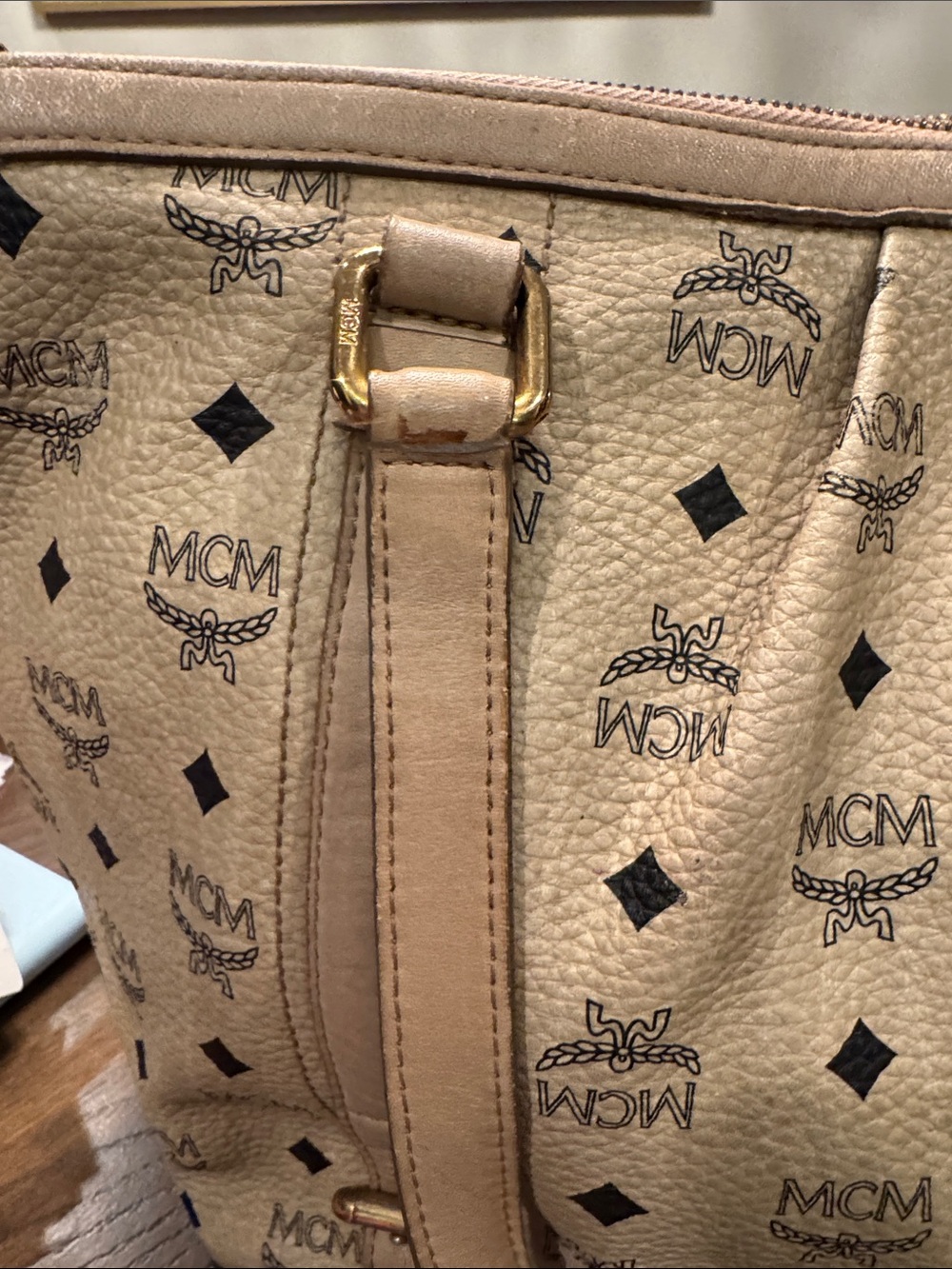 MCM Visetos Beige Monogram Shoulder Bag with Gold Hardware - Picture 5 of 14
